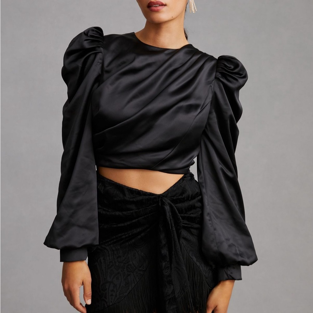 Black Satin Puff Sleeve Top